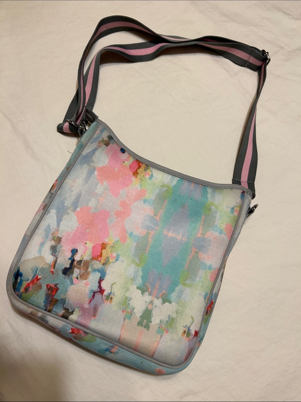 Pastel Watercolor Floral Crossbody Bag with Striped Strap